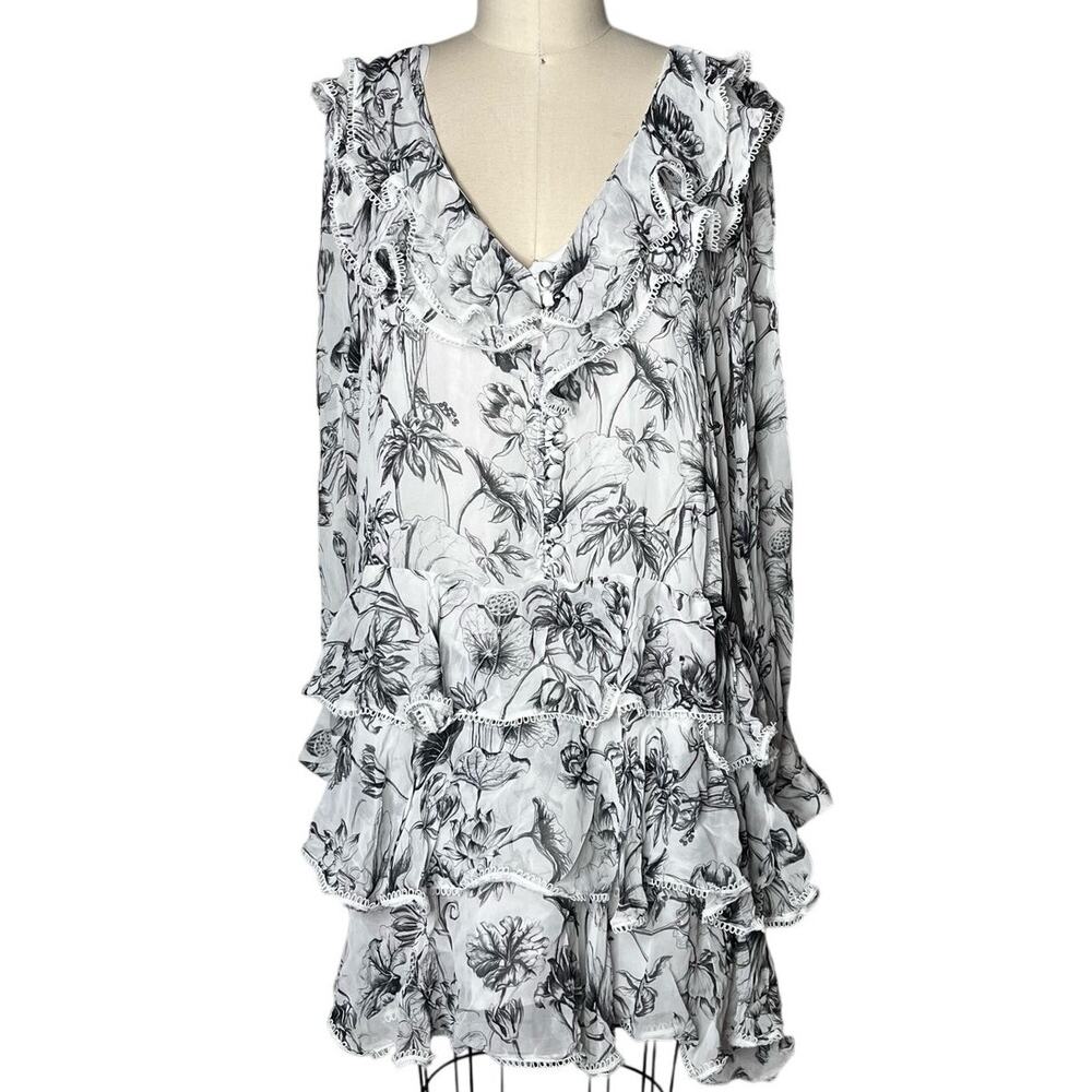 By Anthropologie Floral Toile Tiered Ruffle Long Sleeve Mini Dress Size S